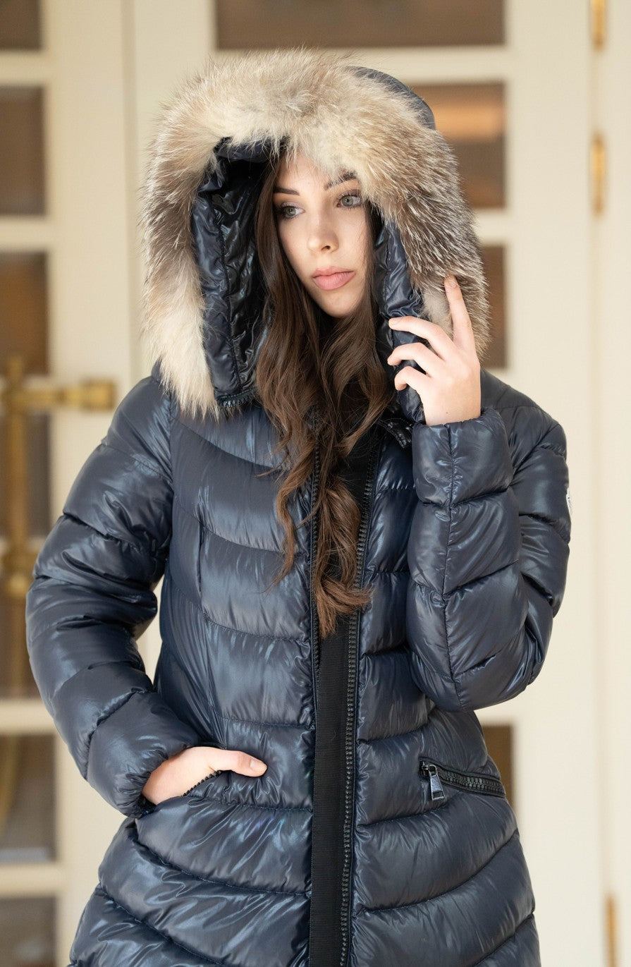 Moncler Aphia Daunenmantel mit Pelz schwarz Größe 4 - Gr. 40/42 bzw. M/L