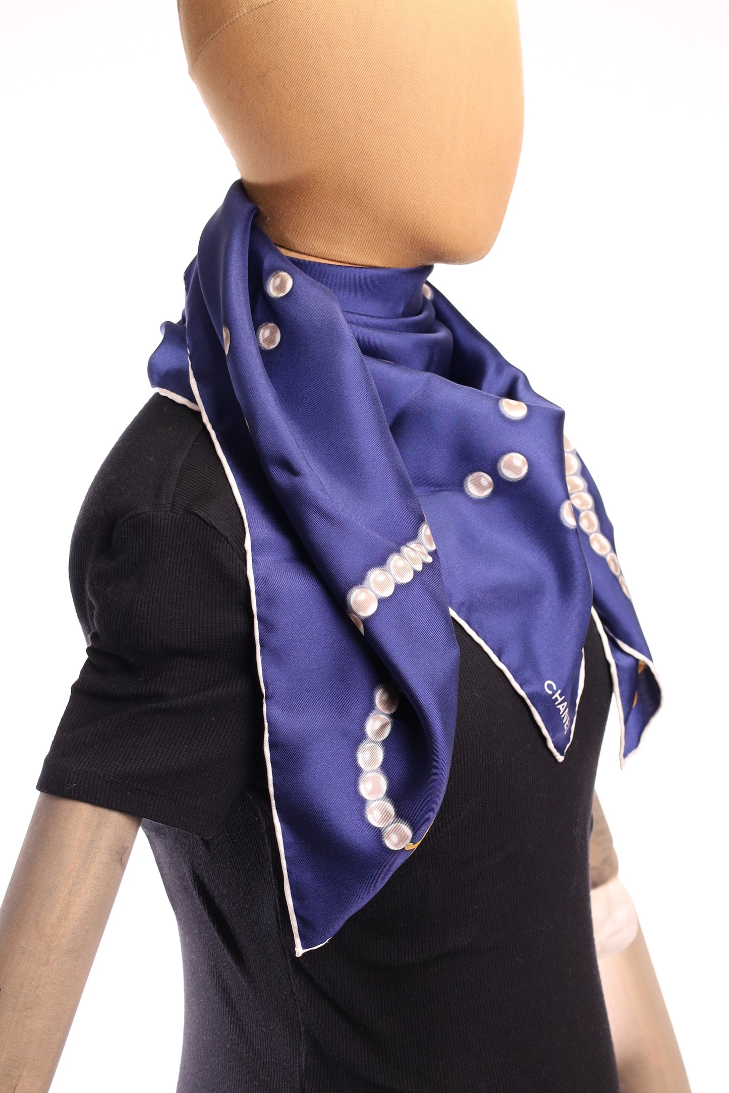 CHANEL silk scarf cloth pearls CC mint condition