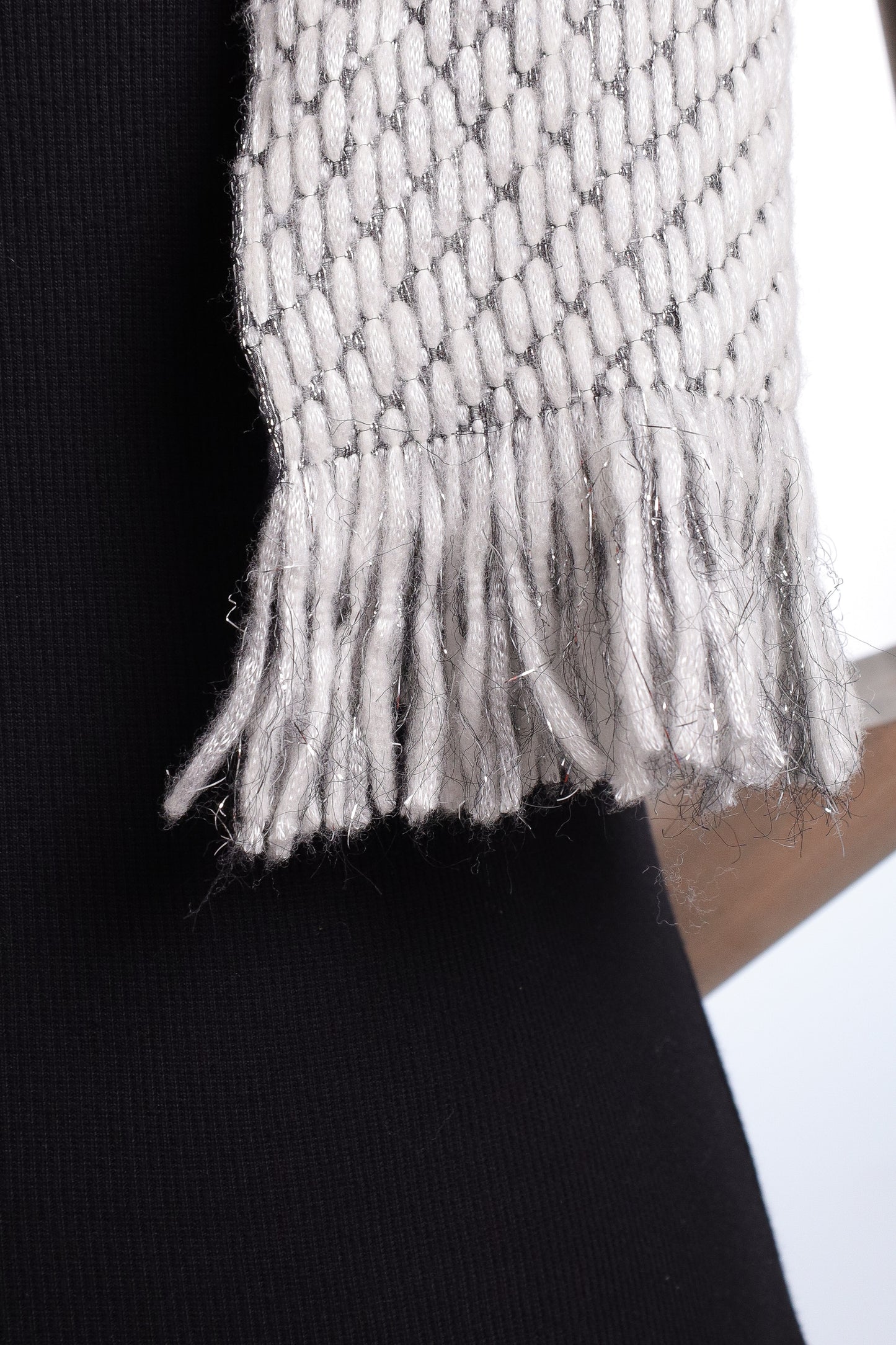 CHANEL wool scarf in gray with silver lurex threads and fringes