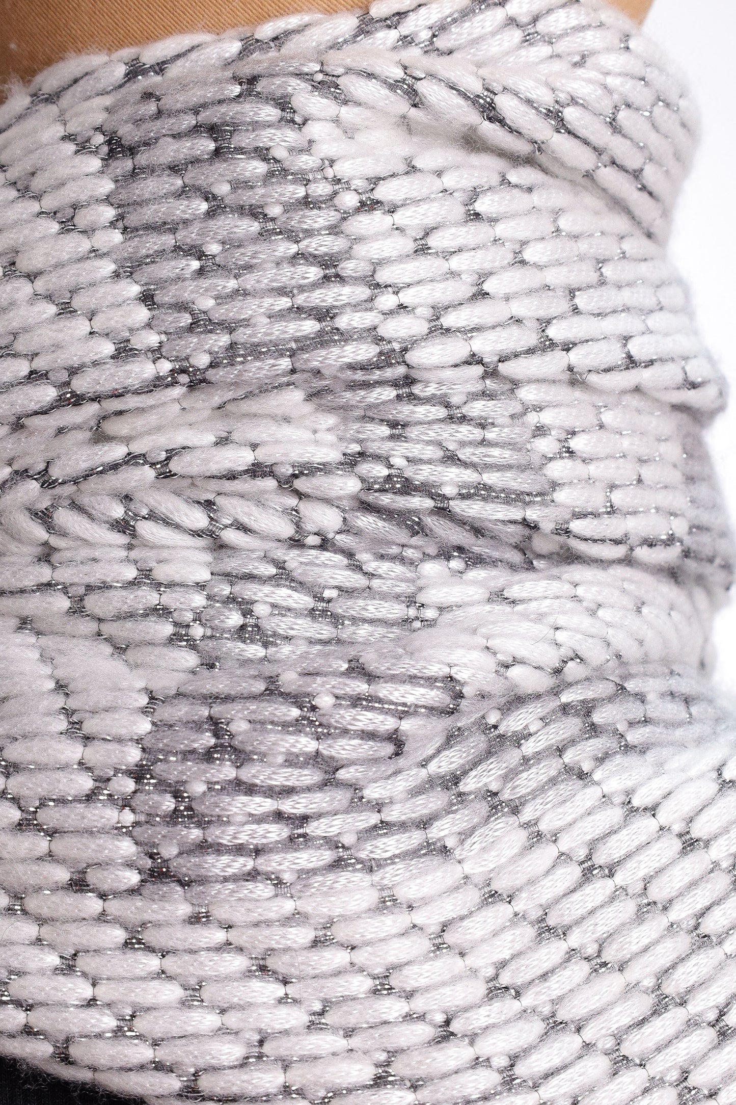 CHANEL wool scarf in gray with silver lurex threads and fringes