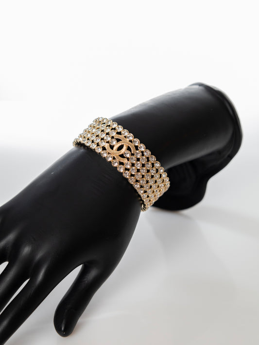 CHANEL wide bracelet bangle gold with rhinestones CC
