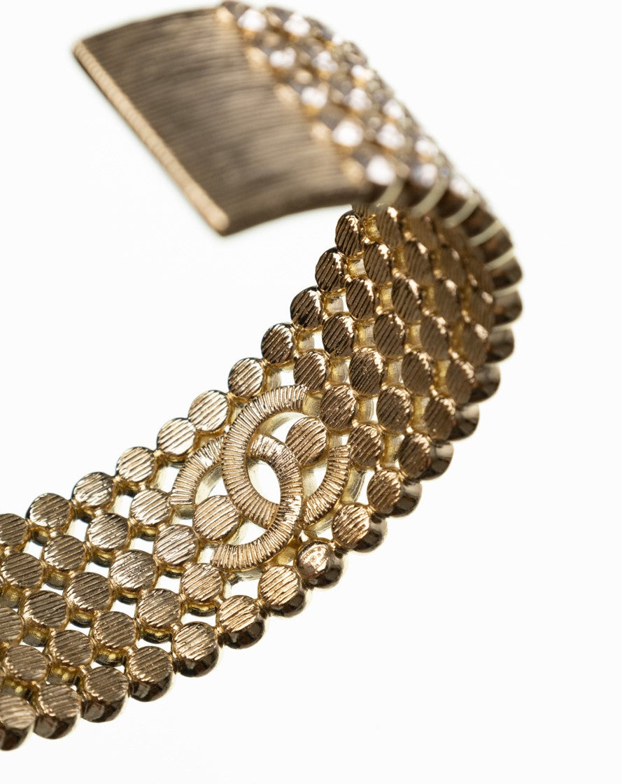 CHANEL wide bracelet bangle gold with rhinestones CC