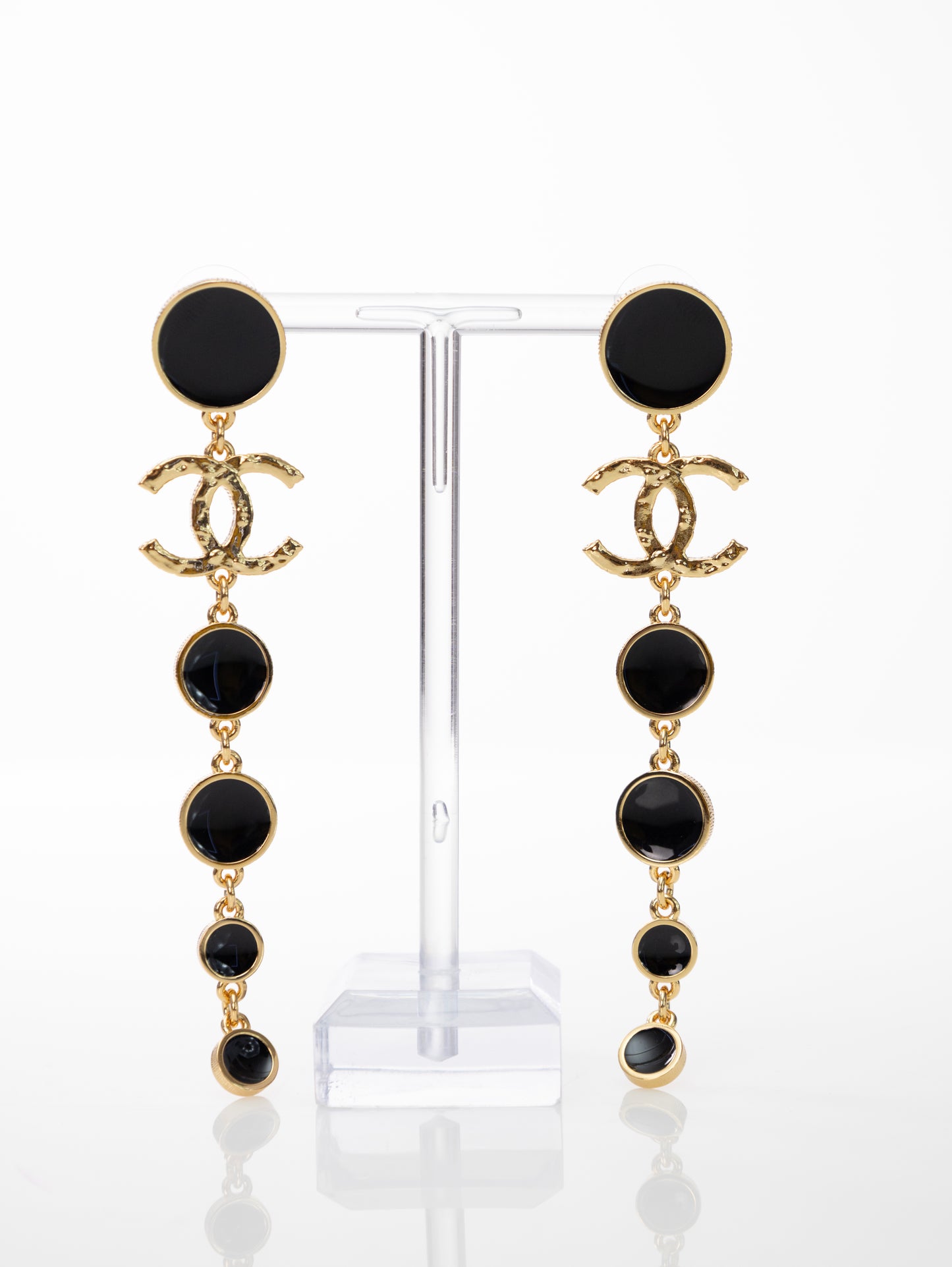 CHANEL orecchini eleganti lunghi 10 cm CC lusso nero e oro