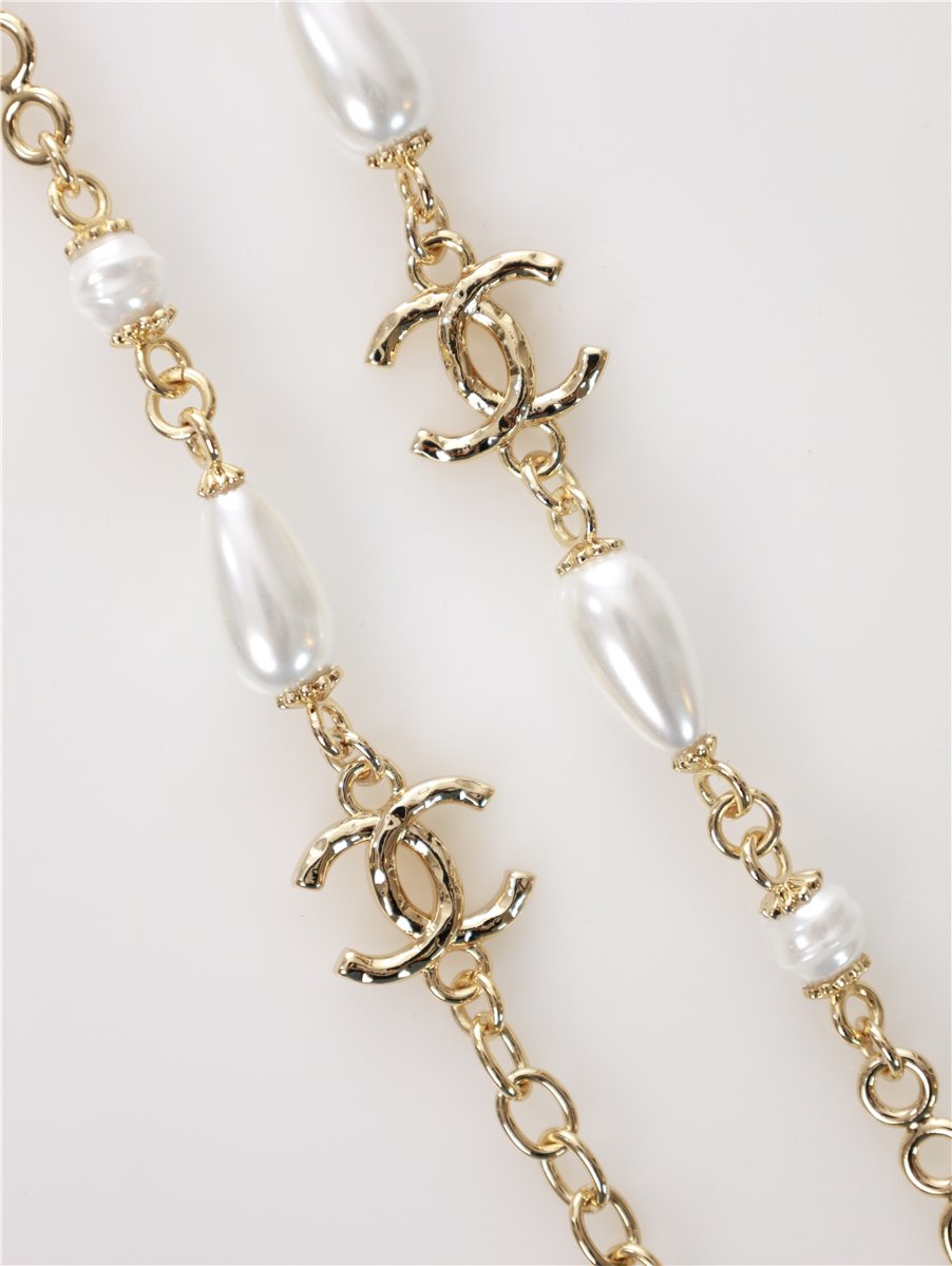CHANEL necklace CC long necklace gold with pearls
