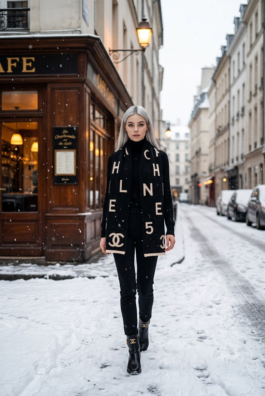 CHANEL XXL Schal Schwarz Weiß extrem warm Cashmere CC