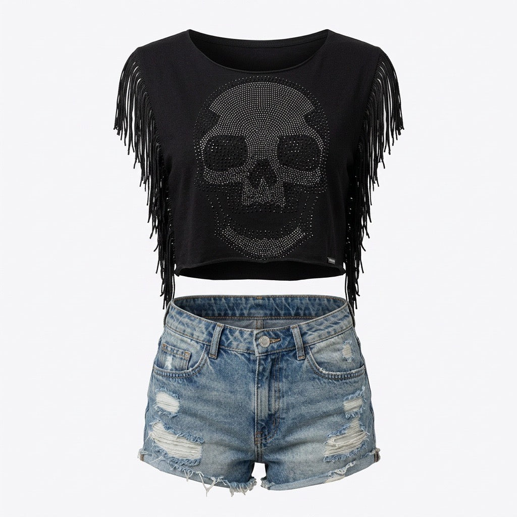 PHILIPP PLEIN bauchfreies Shirt Gr. XS/S mit Skull Totenkopf