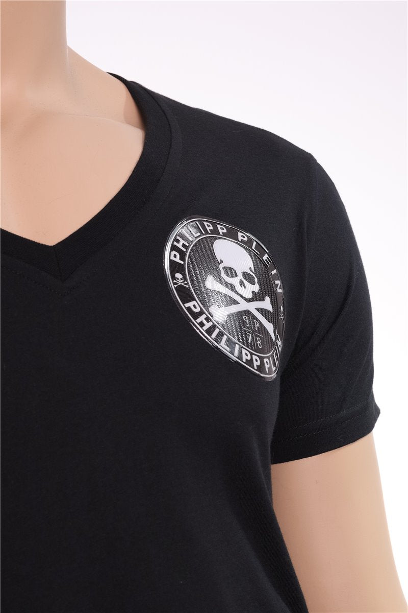 PHILIPP PLEIN T-Shirt Patch V-Ausschnitt schwarz Strasssteine Gr. M