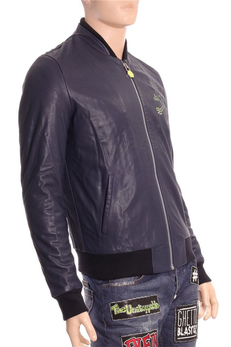 PHILIPP PLEIN leather jacket dark blue with neon skull size. L