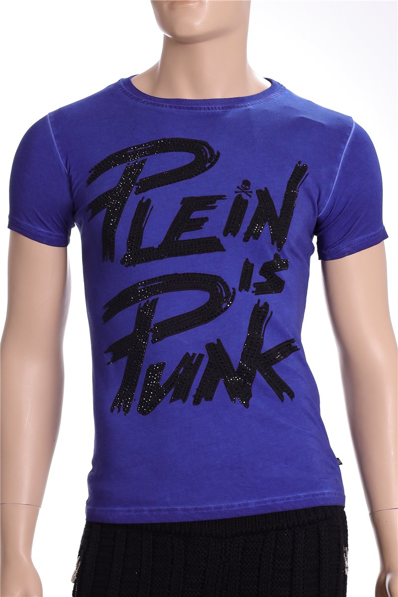 PHILIPP PLEIN T-Shirt blau Plein is punk Strasssteine Gr. S