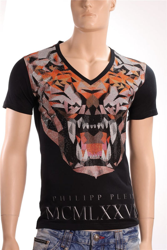 PHILIPP PLEIN T-shirt scollo a V nera strass taglia Beast. M