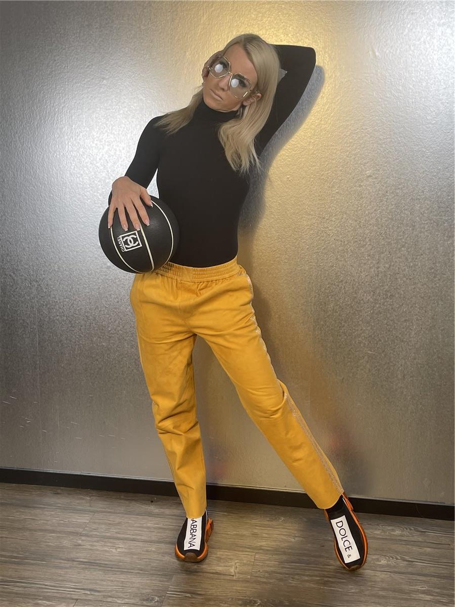 LES ECLAIRES leather trousers yellow with rhinestone applications size. S