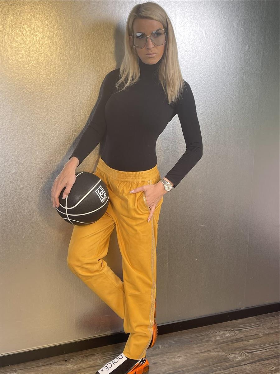LES ECLAIRES leather trousers yellow with rhinestone applications size. S