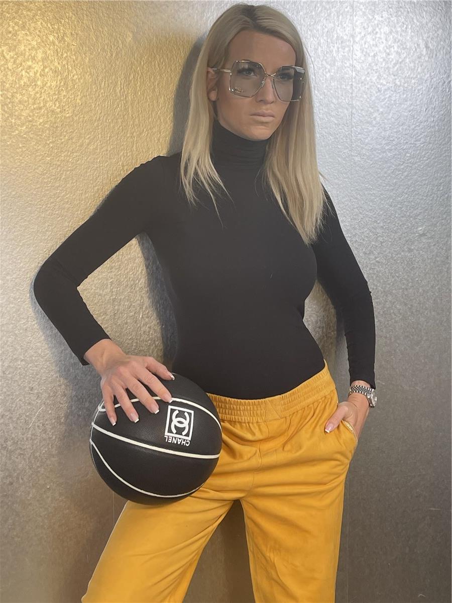 LES ECLAIRES leather trousers yellow with rhinestone applications size. S