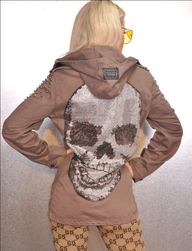 PHILIPP PLEIN jacket with hood size. L Longcoat XXL Skull Rhinestones